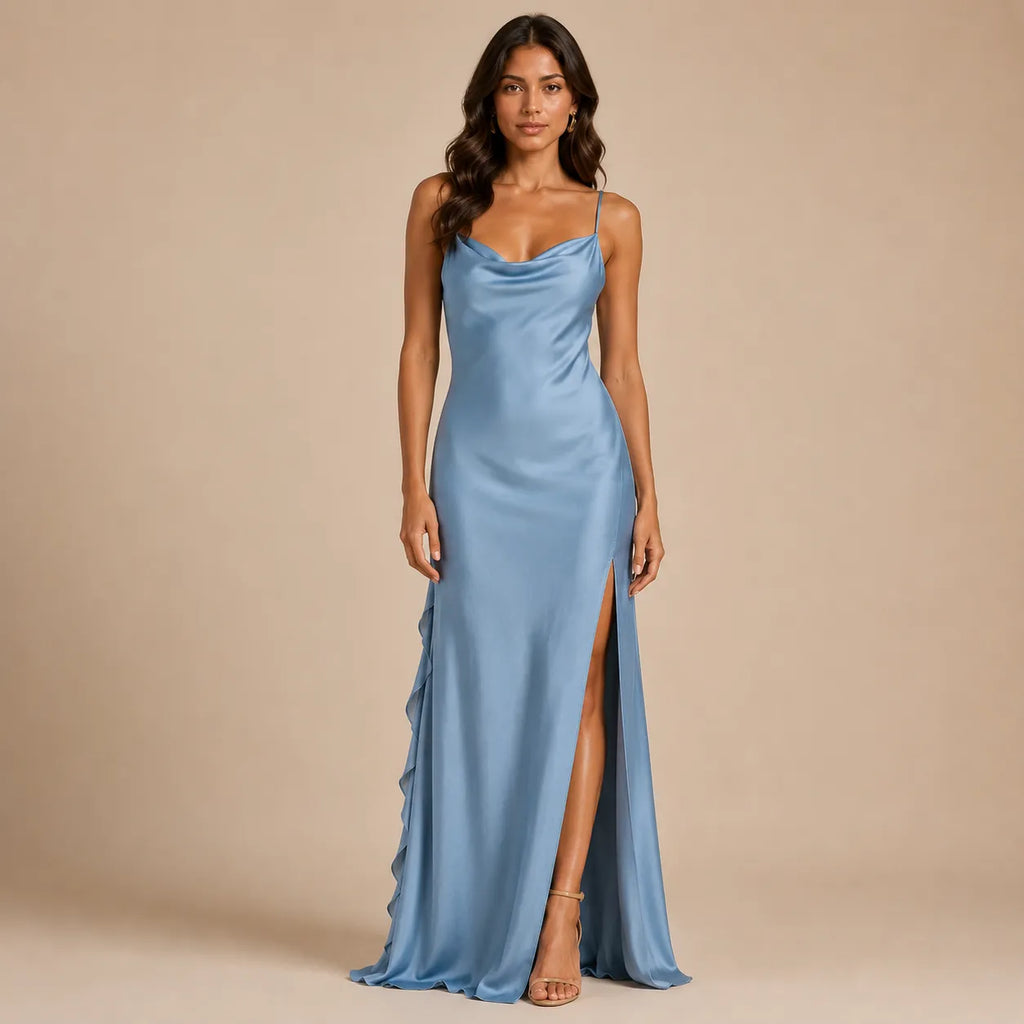 Vestido Longo Feminino em Cetim Azul Serenity - Camille