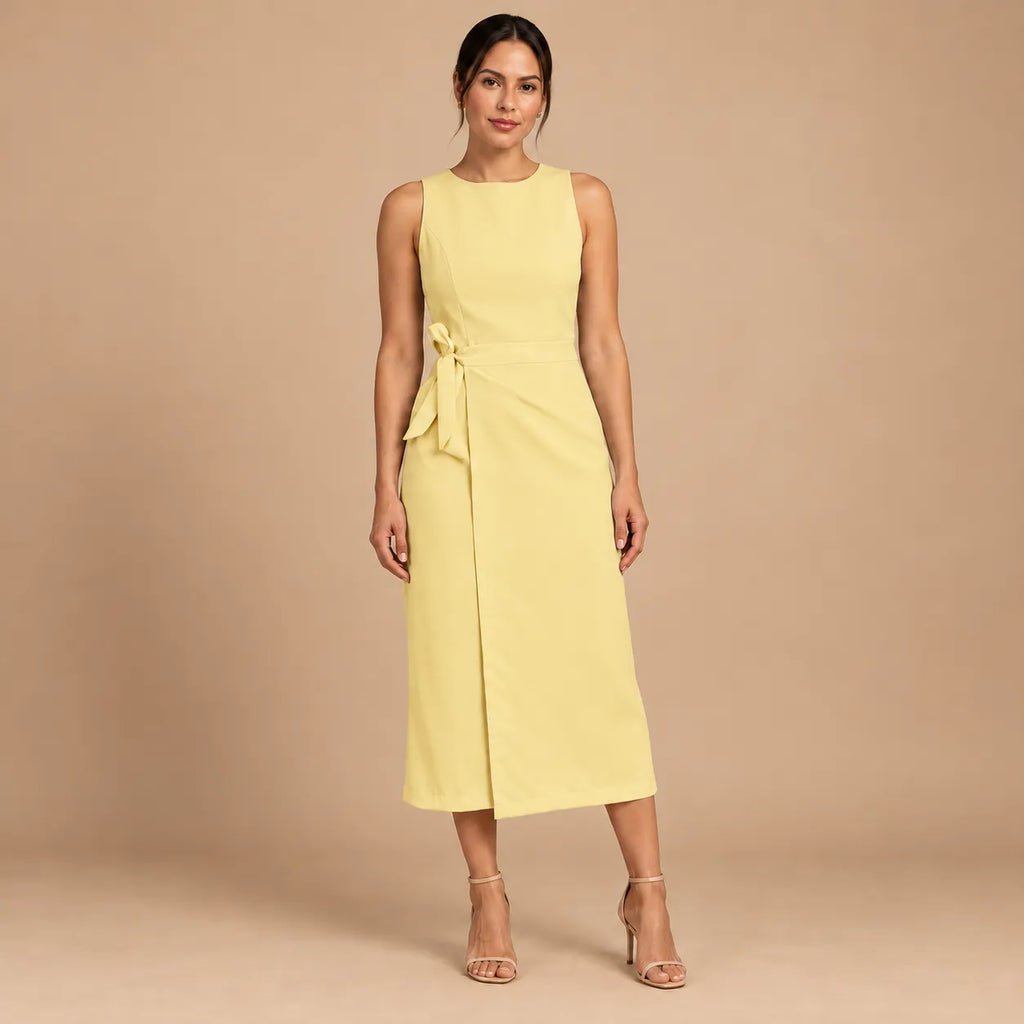 Vestido Midi Alfaiataria Feminino Social Amarração Lateral Sem Manga