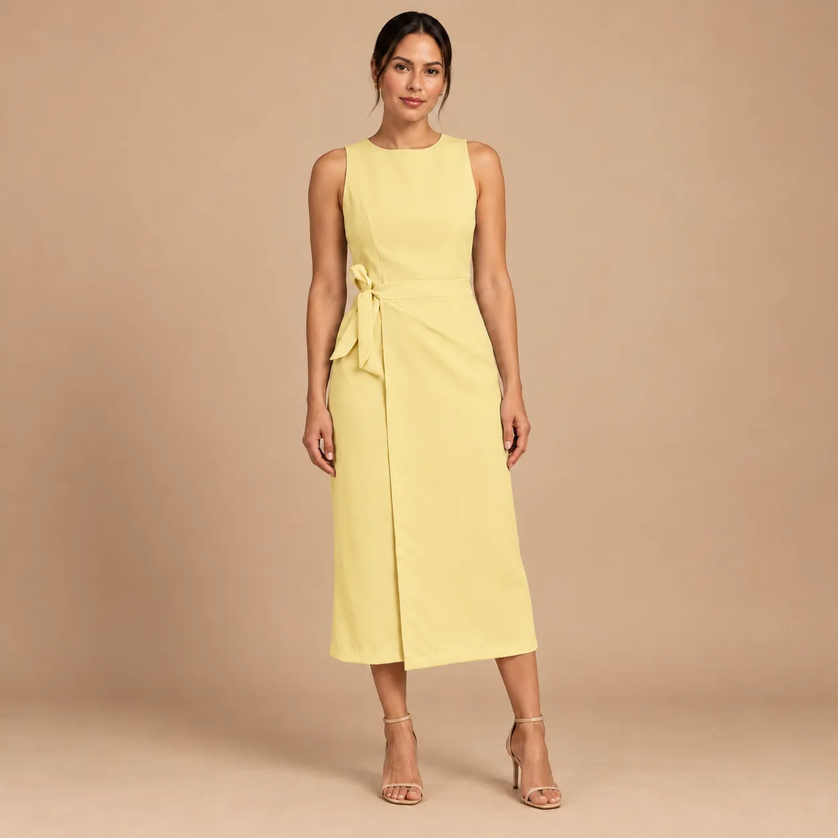 Vestido Midi Alfaiataria Feminino Social Amarração Lateral Sem Manga