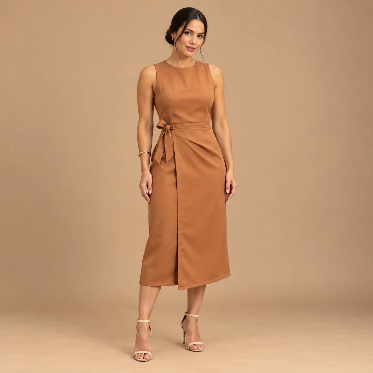 Vestido Midi Alfaiataria Feminino Social Amarração Lateral Sem Manga
