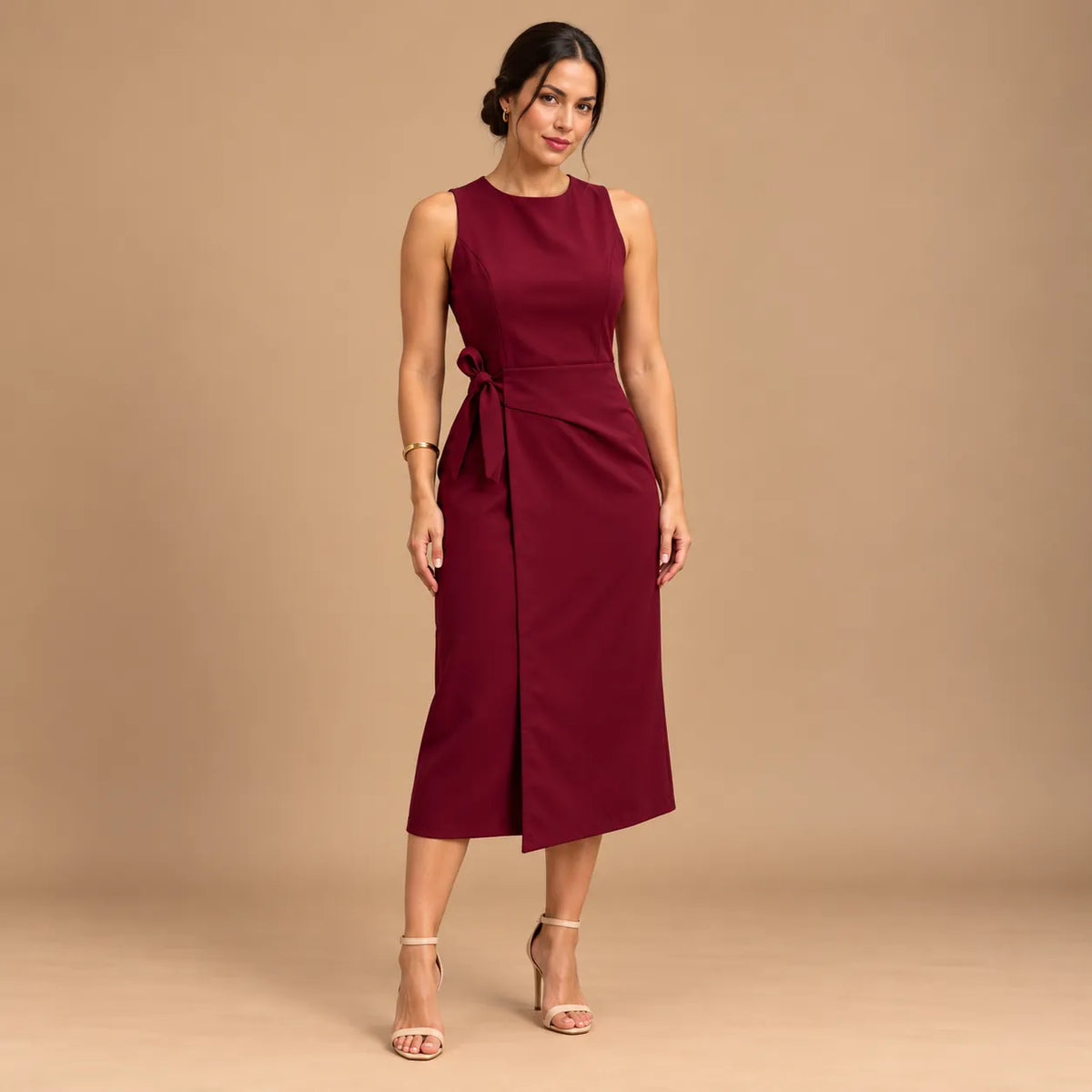 Vestido Midi Alfaiataria Feminino Social Amarração Lateral Sem Manga