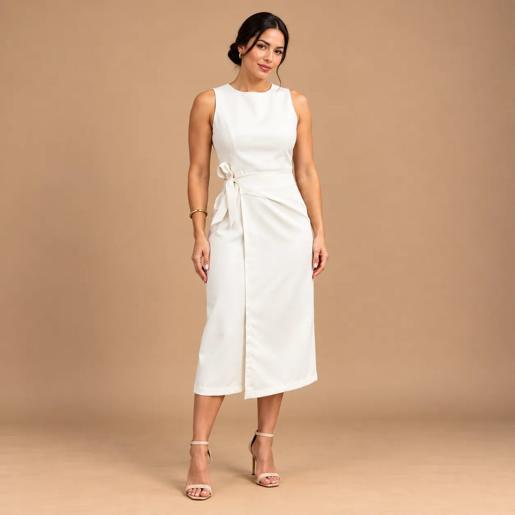 Vestido Midi Alfaiataria Feminino Social Amarração Lateral Sem Manga