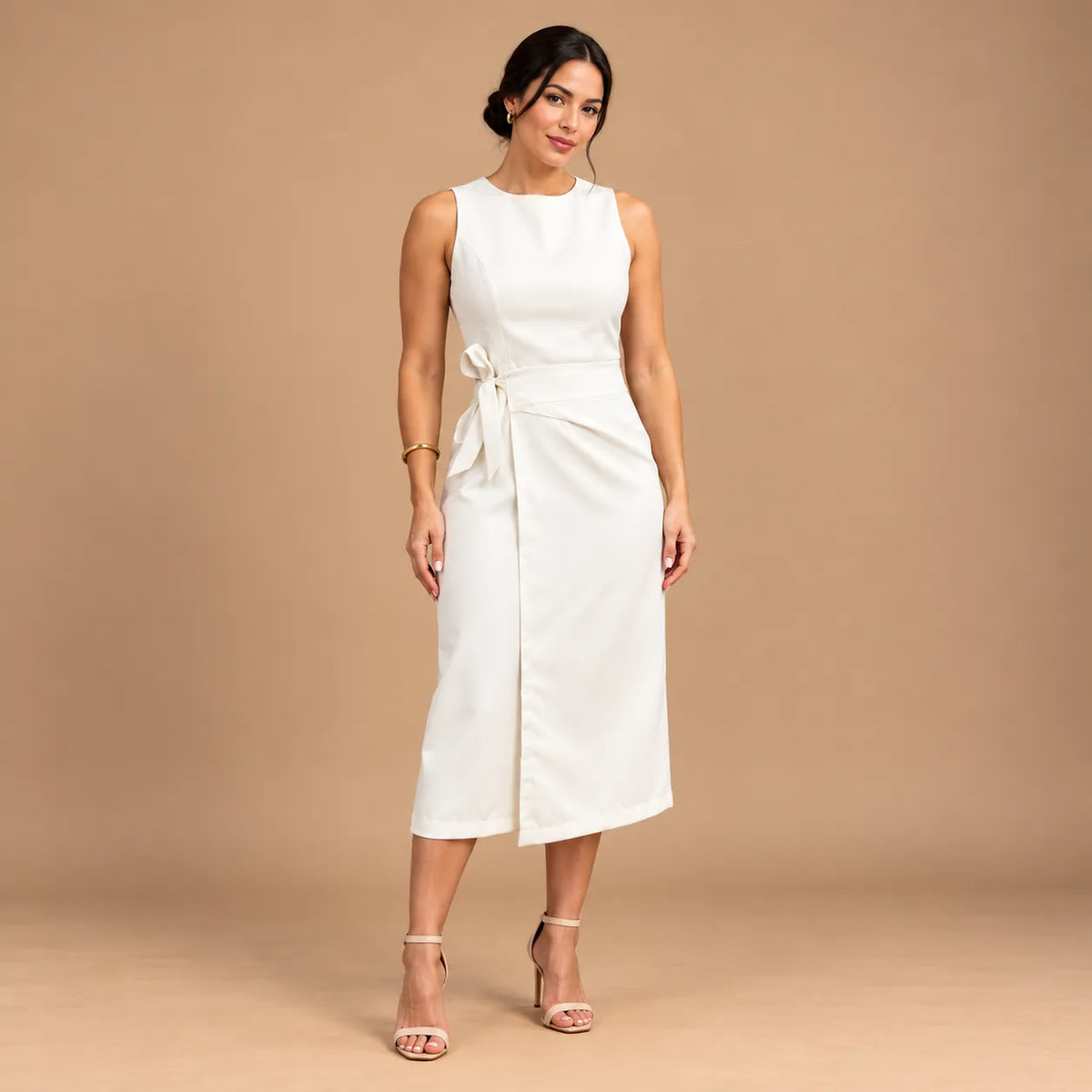 Vestido Midi Alfaiataria Feminino Social Amarração Lateral Sem Manga