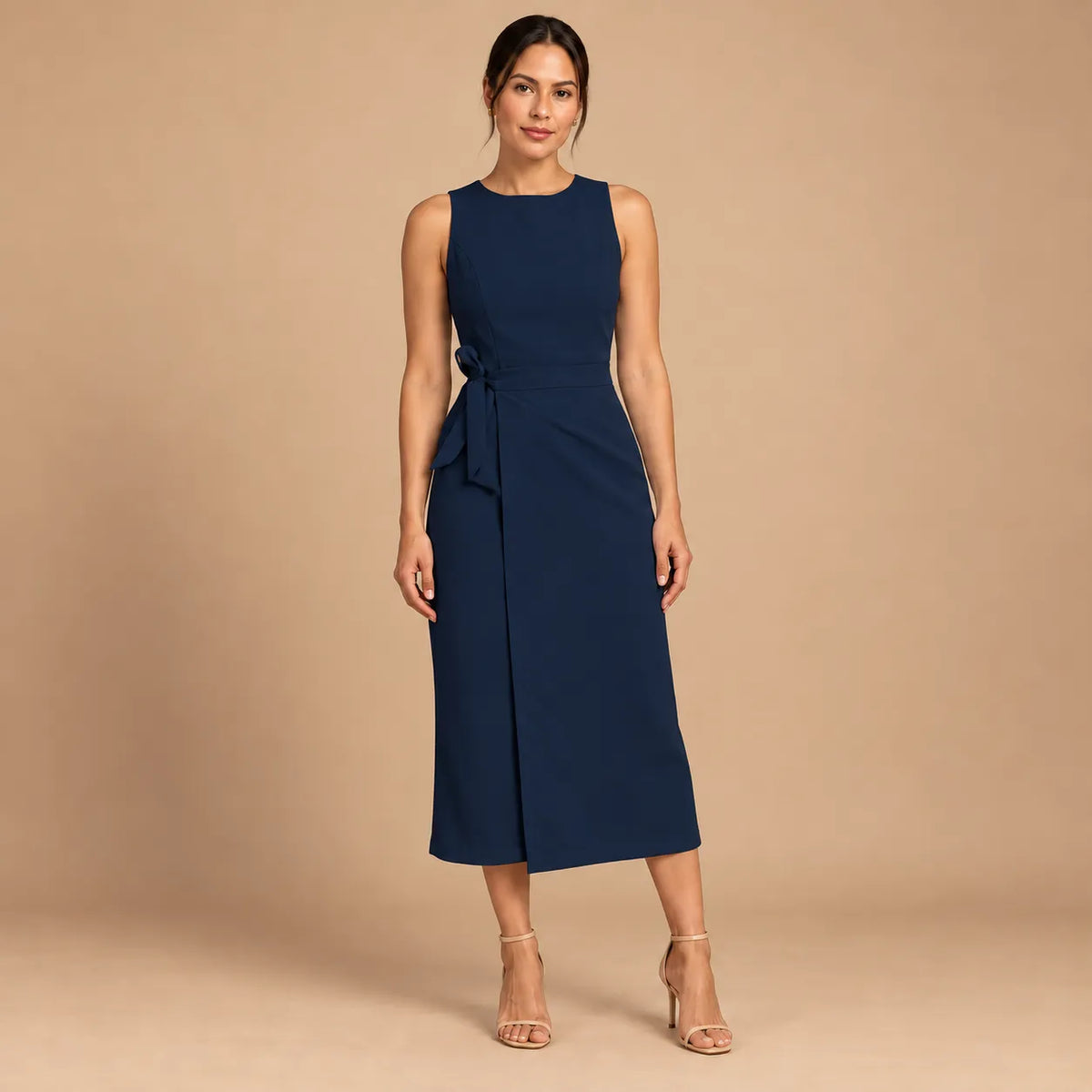 Vestido Midi Alfaiataria Feminino Social Amarração Lateral Sem Manga