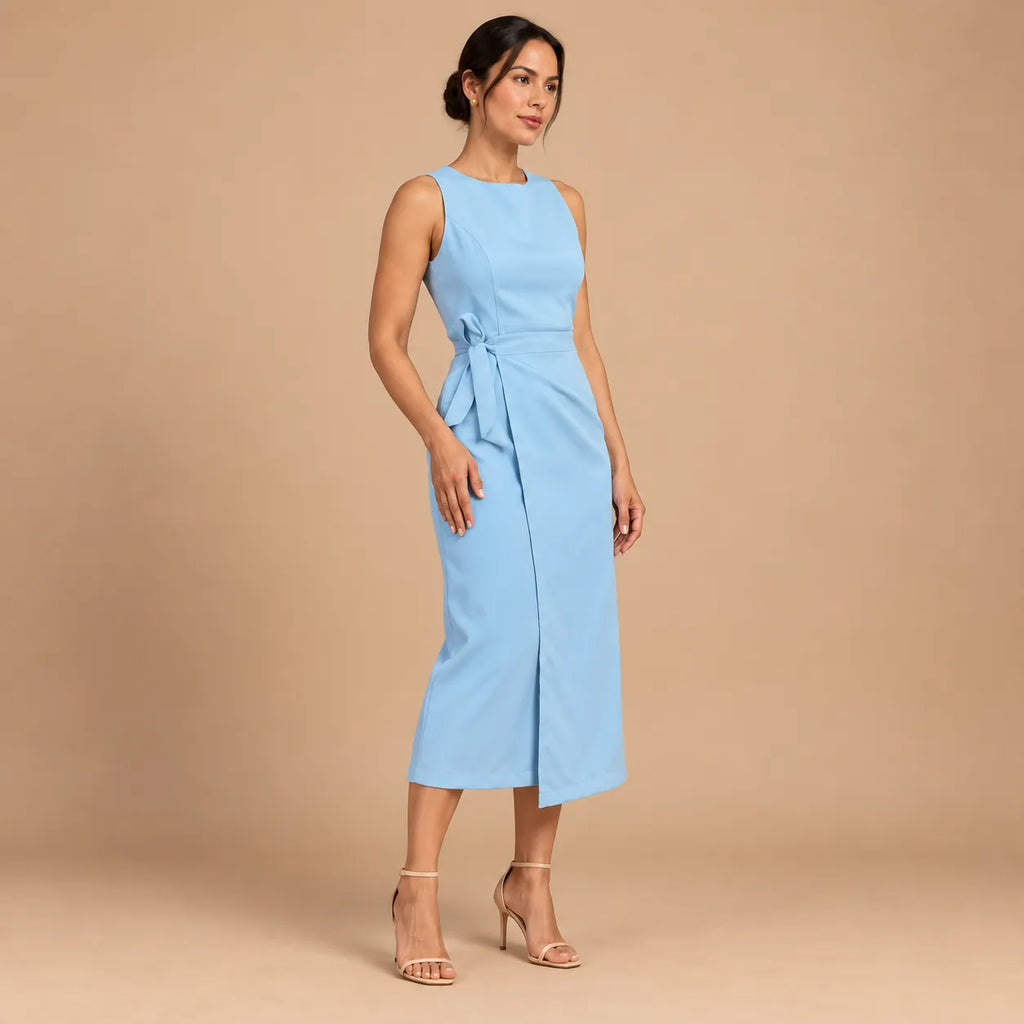 Vestido Midi Alfaiataria Feminino Social Amarração Lateral Sem Manga