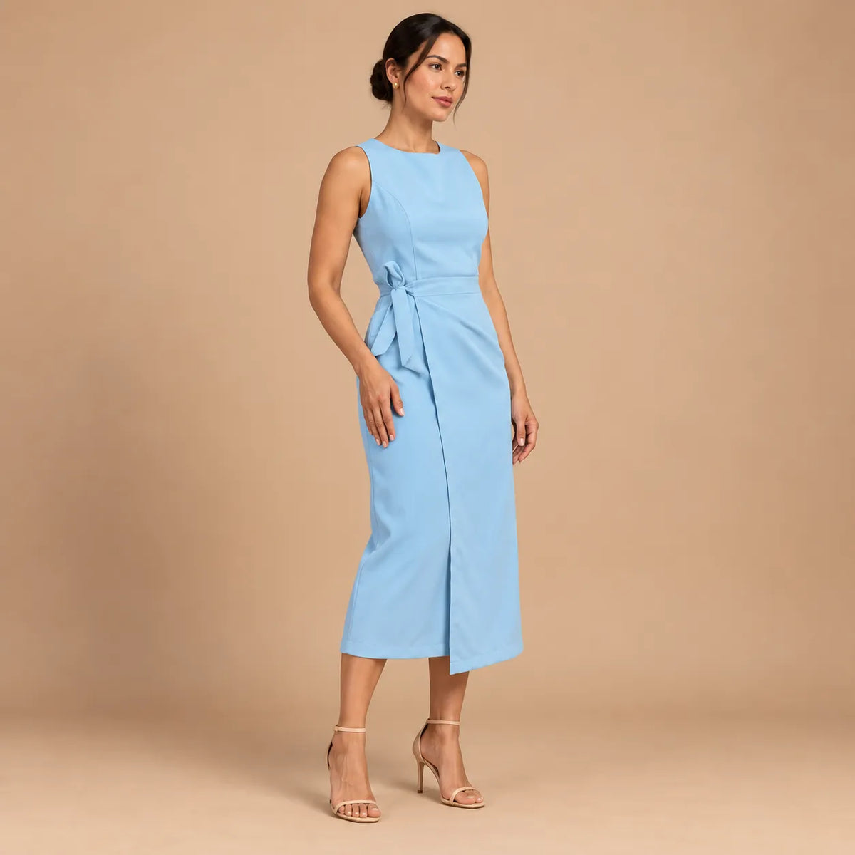 Vestido Midi Alfaiataria Feminino Social Amarração Lateral Sem Manga
