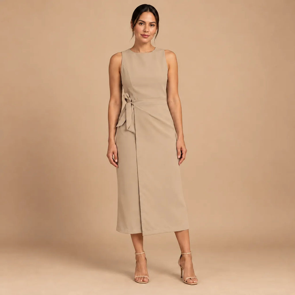 Vestido Midi Alfaiataria Feminino Social Amarração Lateral Sem Manga