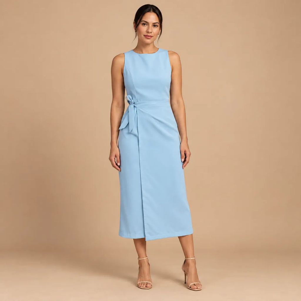 Vestido Midi Alfaiataria Feminino Social Amarração Lateral Sem Manga