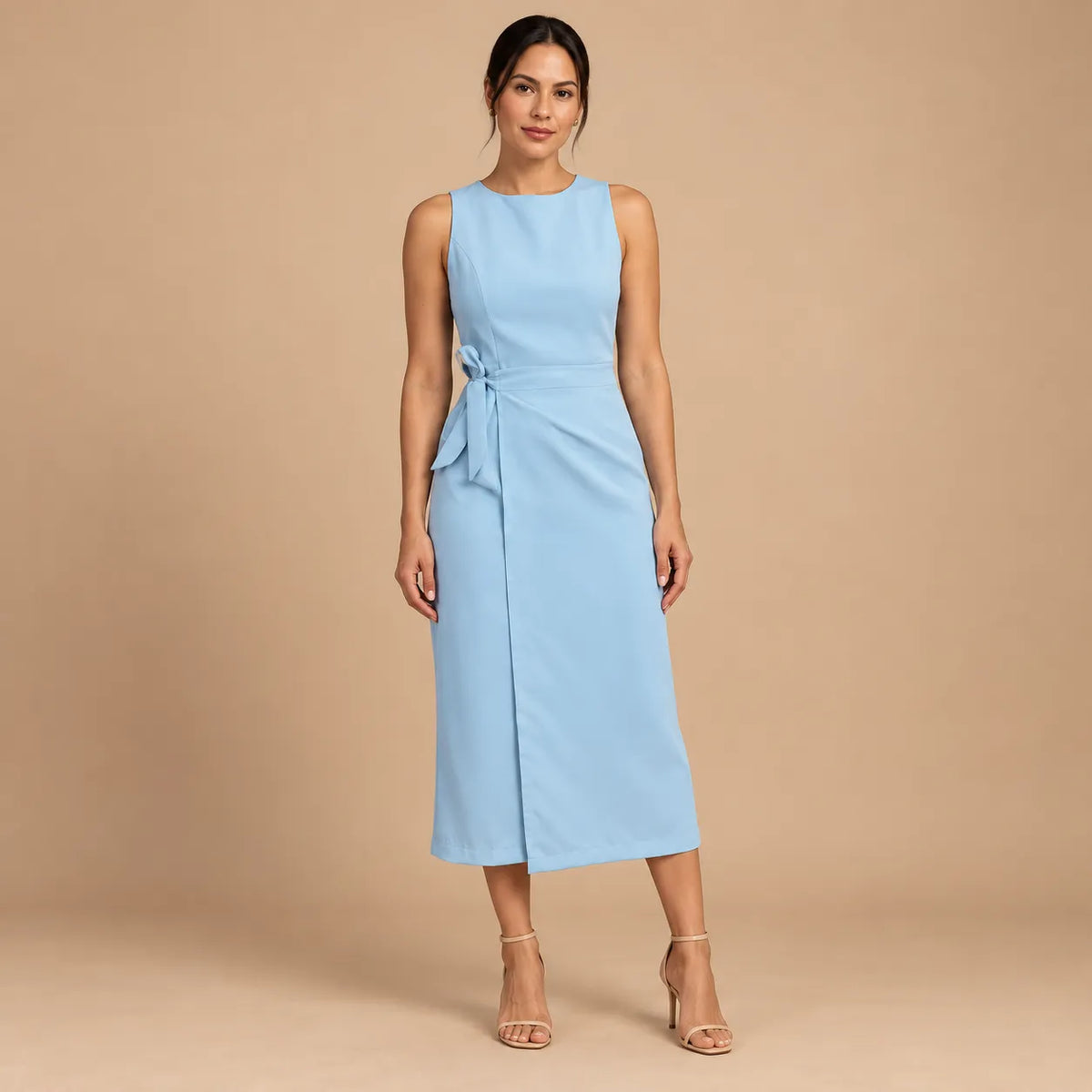 Vestido Midi Alfaiataria Feminino Social Amarração Lateral Sem Manga