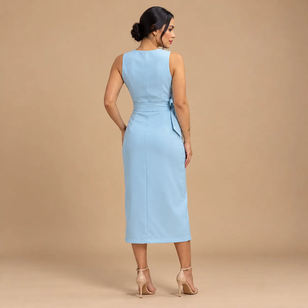 Vestido Midi Alfaiataria Feminino Social Amarração Lateral Sem Manga