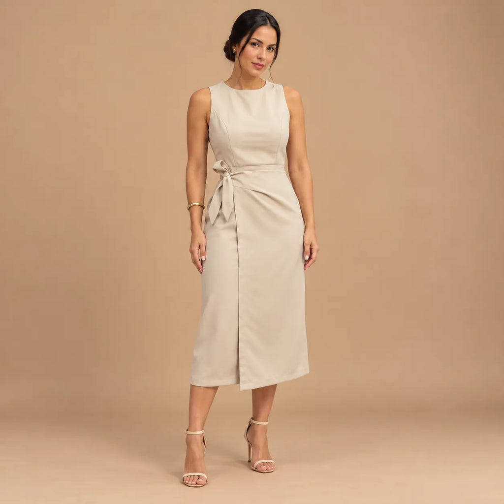 Vestido Midi Alfaiataria Feminino Social Amarração Lateral Sem Manga