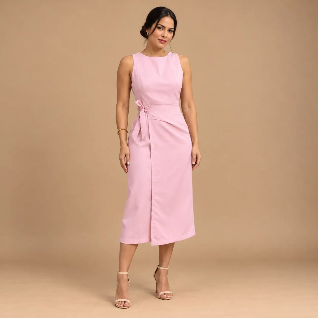 Vestido Midi Alfaiataria Feminino Social Amarração Lateral Sem Manga