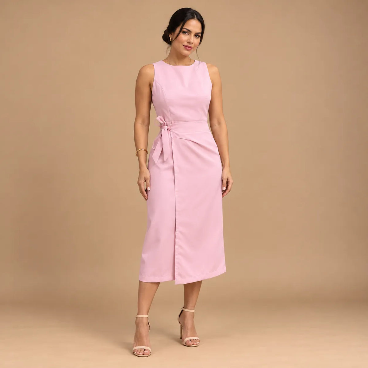 Vestido Midi Alfaiataria Feminino Social Amarração Lateral Sem Manga