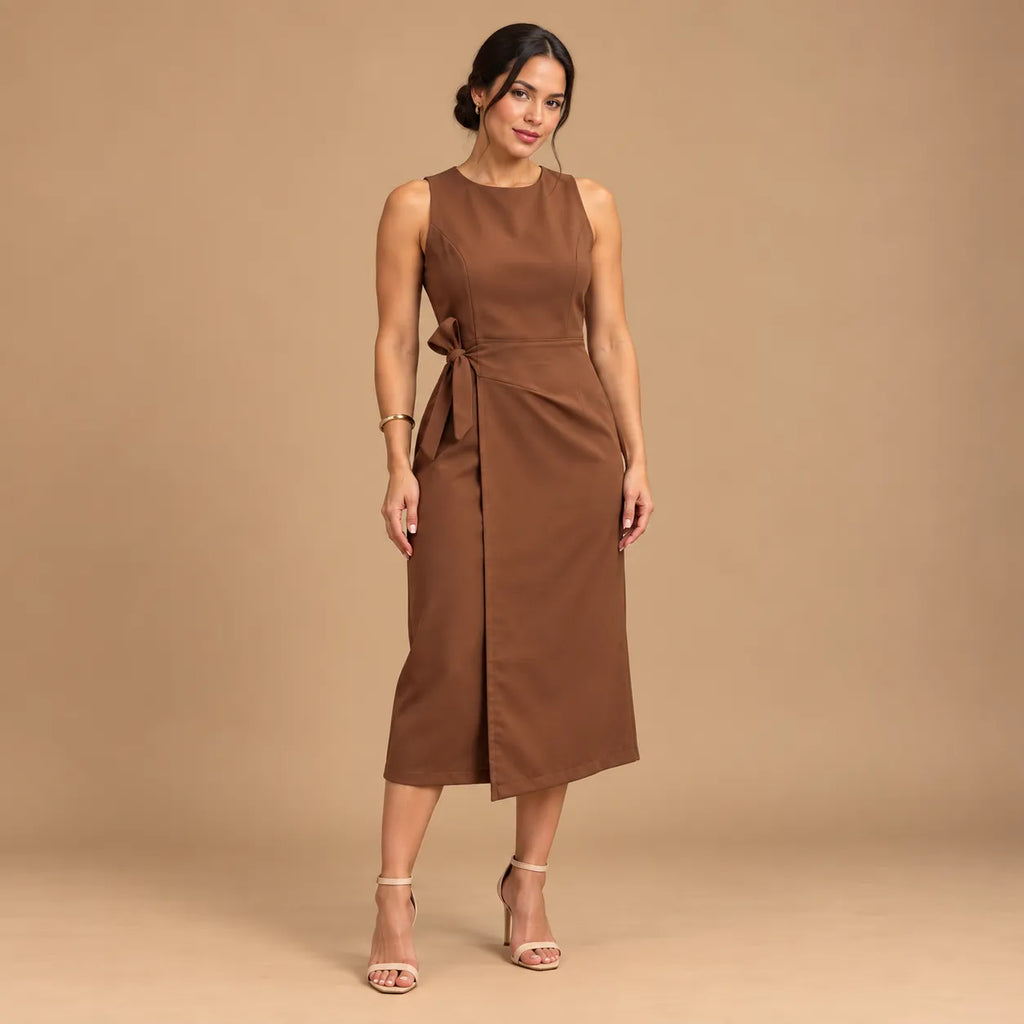 Vestido Midi Alfaiataria Feminino Social Amarração Lateral Sem Manga