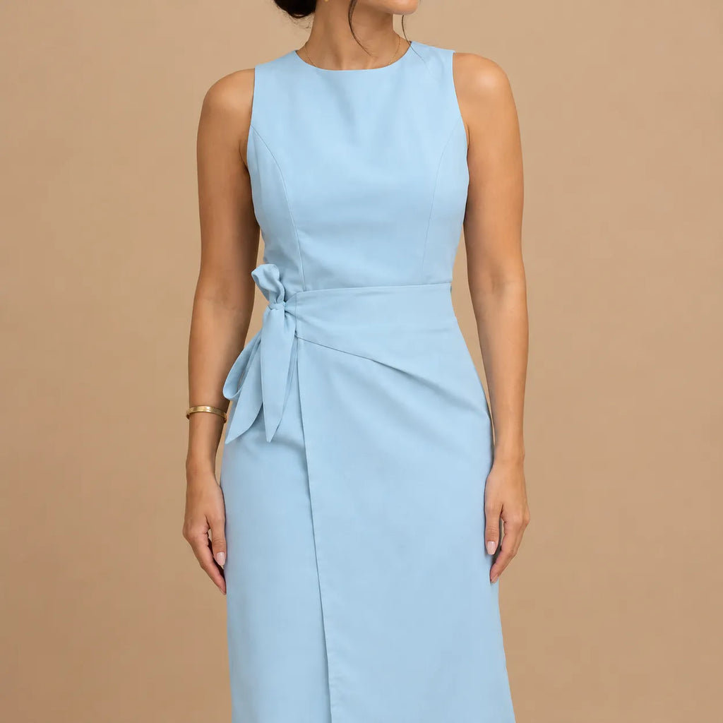 Vestido Midi Alfaiataria Feminino Social Amarração Lateral Sem Manga