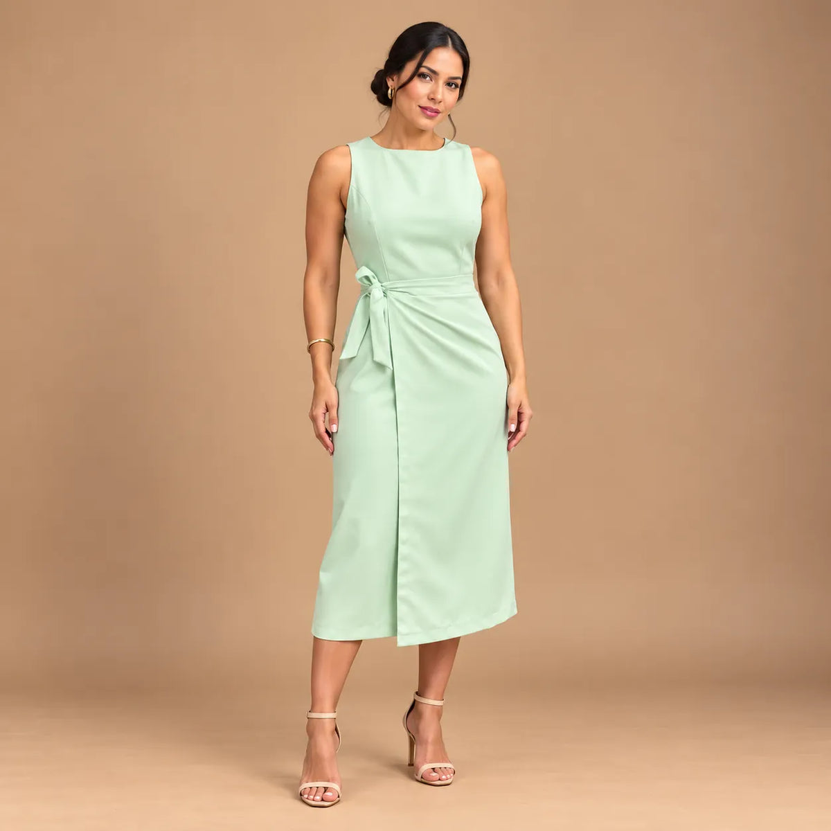 Vestido Midi Alfaiataria Feminino Social Amarração Lateral Sem Manga