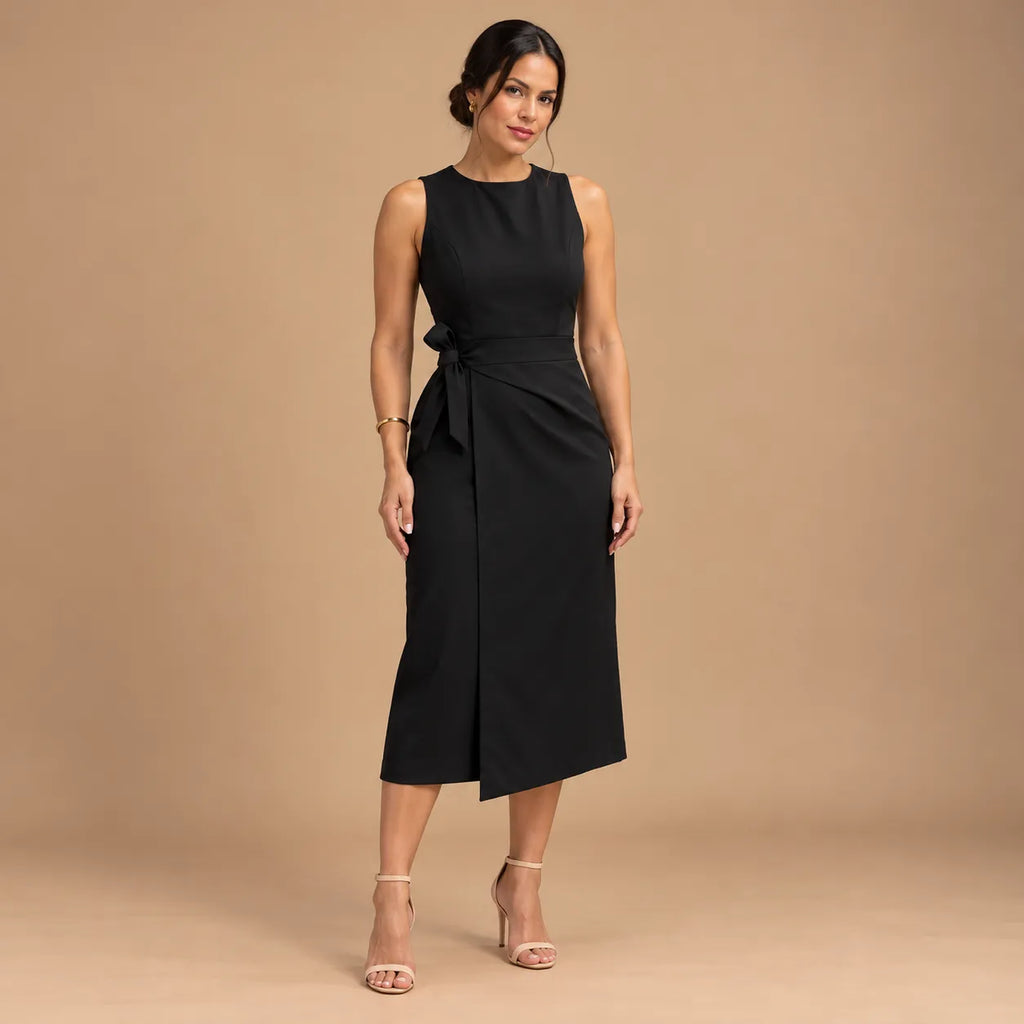Vestido Midi Alfaiataria Feminino Social Amarração Lateral Sem Manga