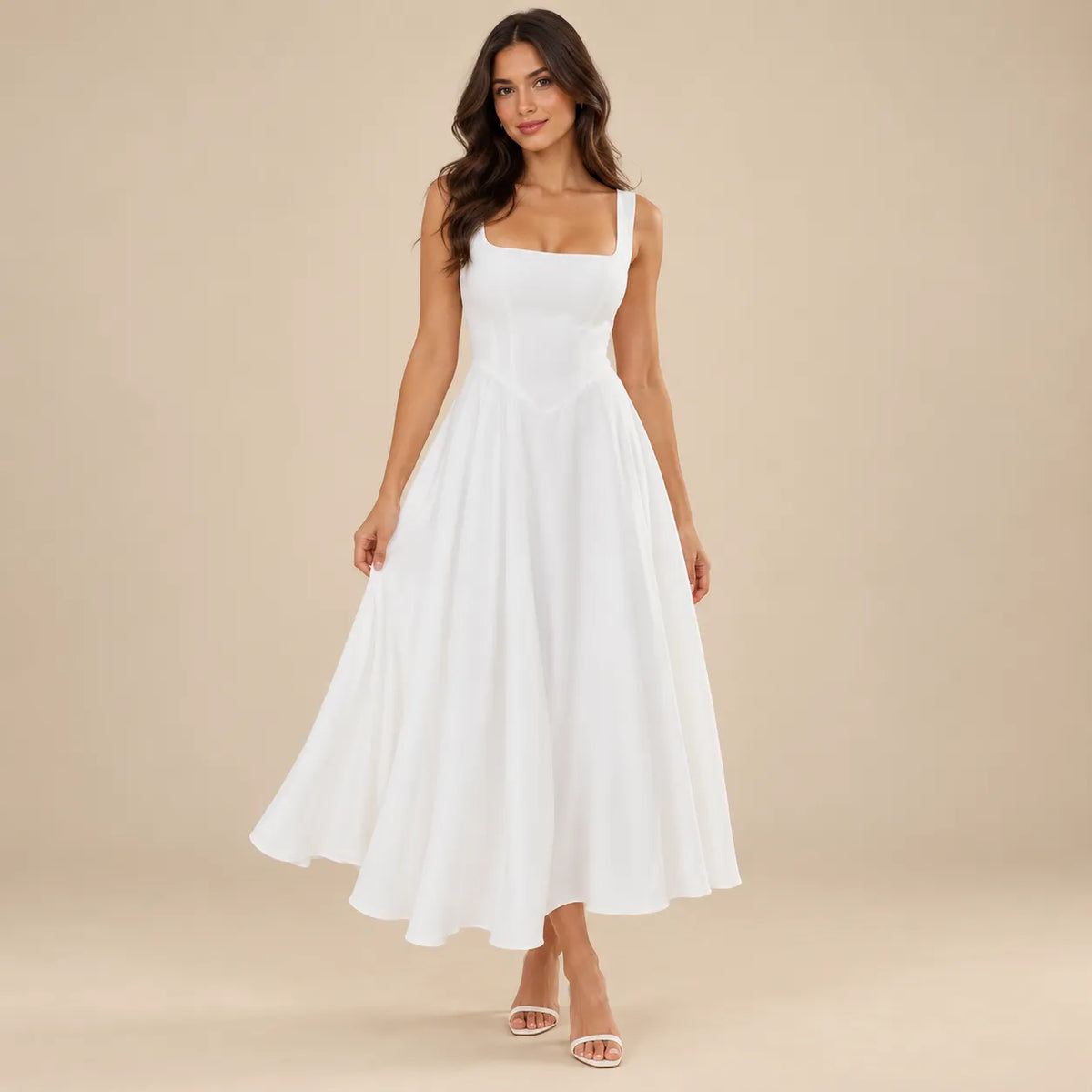Vestido Midi Feminino Decote Quadrado com Saia Fluida - Capri