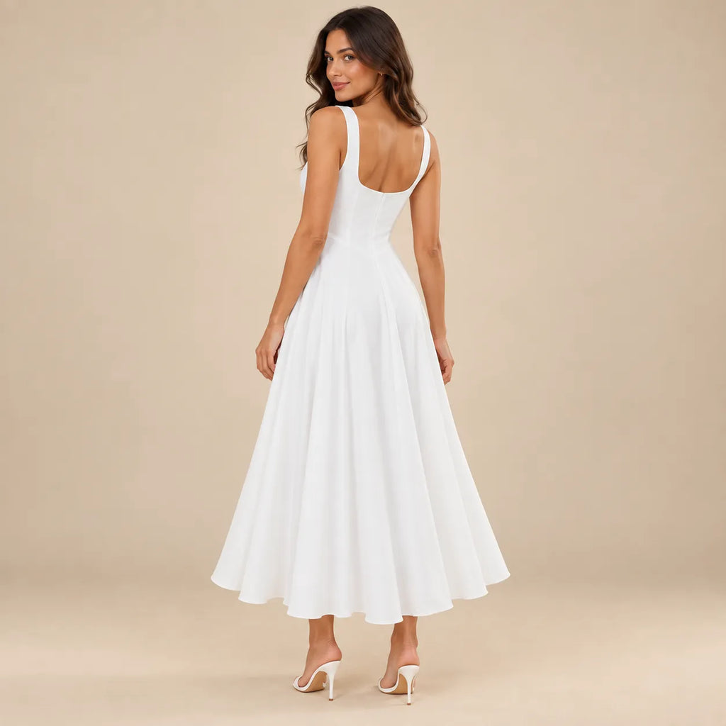 Vestido Midi Feminino Decote Quadrado com Saia Fluida - Capri