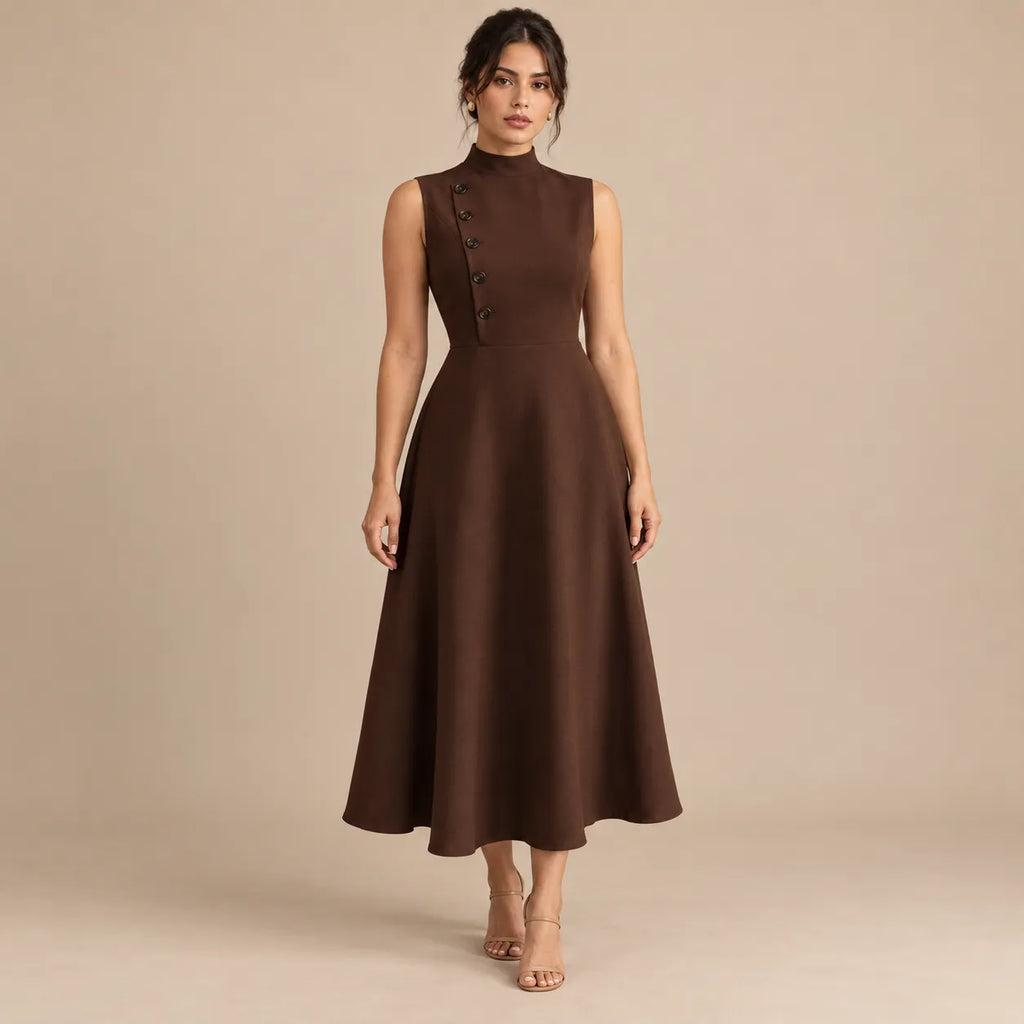Vestido Midi Gola Alta Evasê Feminino Alfaiataria Botões P ao 3XL
