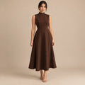 Vestido Midi Gola Alta Evasê Feminino Alfaiataria Botões P ao 3XL