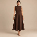 Vestido Midi Gola Alta Evasê Feminino Alfaiataria Botões P ao 3XL