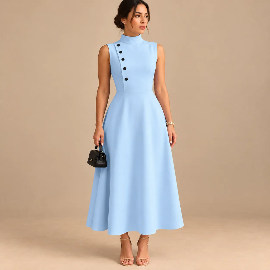 Vestido Midi Gola Alta Evasê Feminino Alfaiataria Botões P ao 3XL