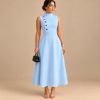 Vestido Midi Gola Alta Evasê Feminino Alfaiataria Botões P ao 3XL