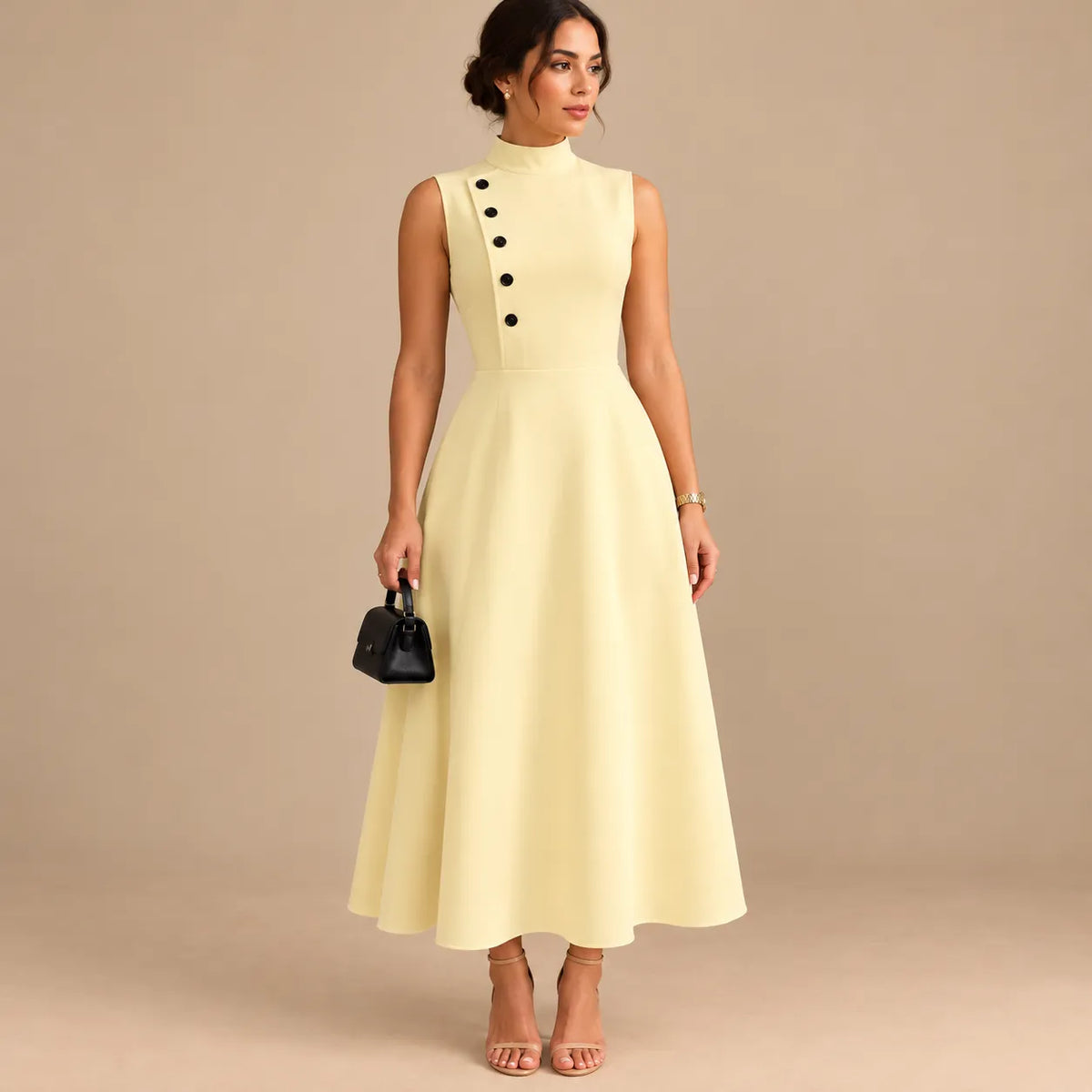 Vestido Midi Gola Alta Evasê Feminino Alfaiataria Botões P ao 3XL