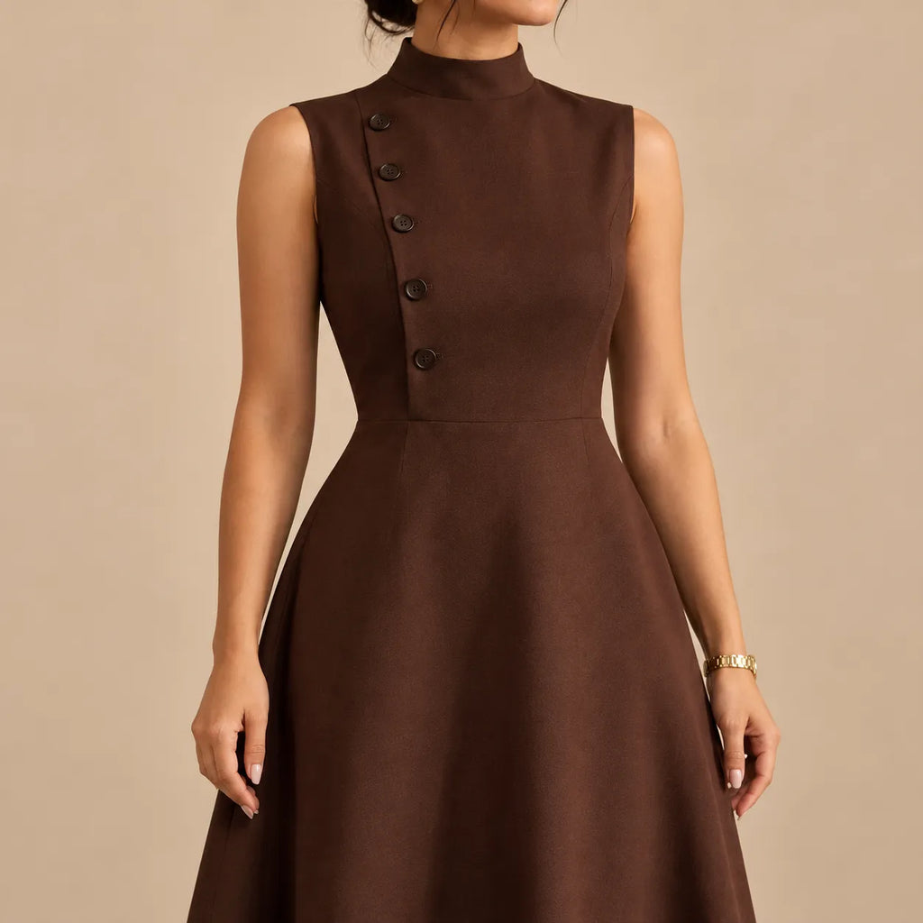 Vestido Midi Gola Alta Evasê Feminino Alfaiataria Botões P ao 3XL