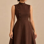 Vestido Midi Gola Alta Evasê Feminino Alfaiataria Botões P ao 3XL