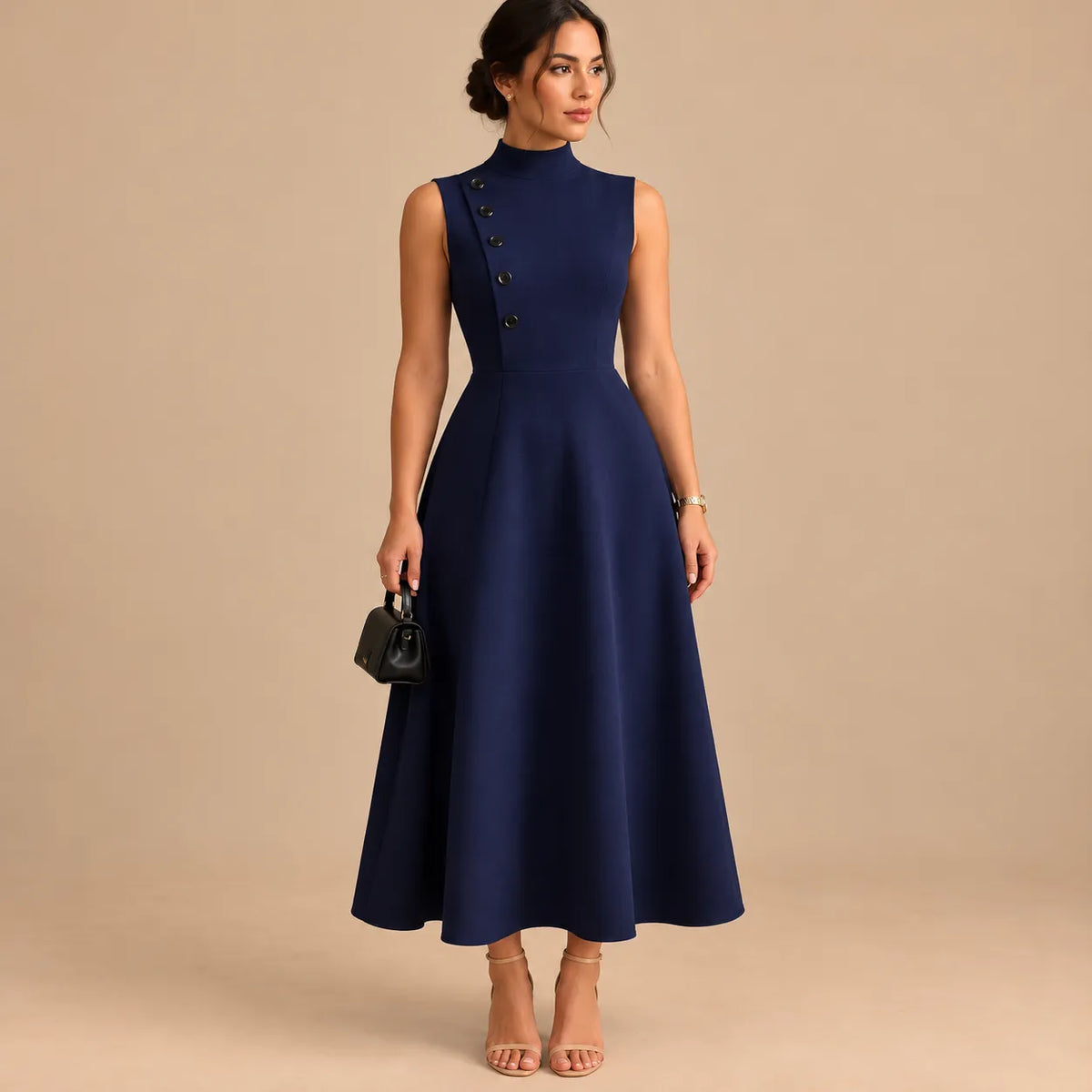 Vestido Midi Gola Alta Evasê Feminino Alfaiataria Botões P ao 3XL