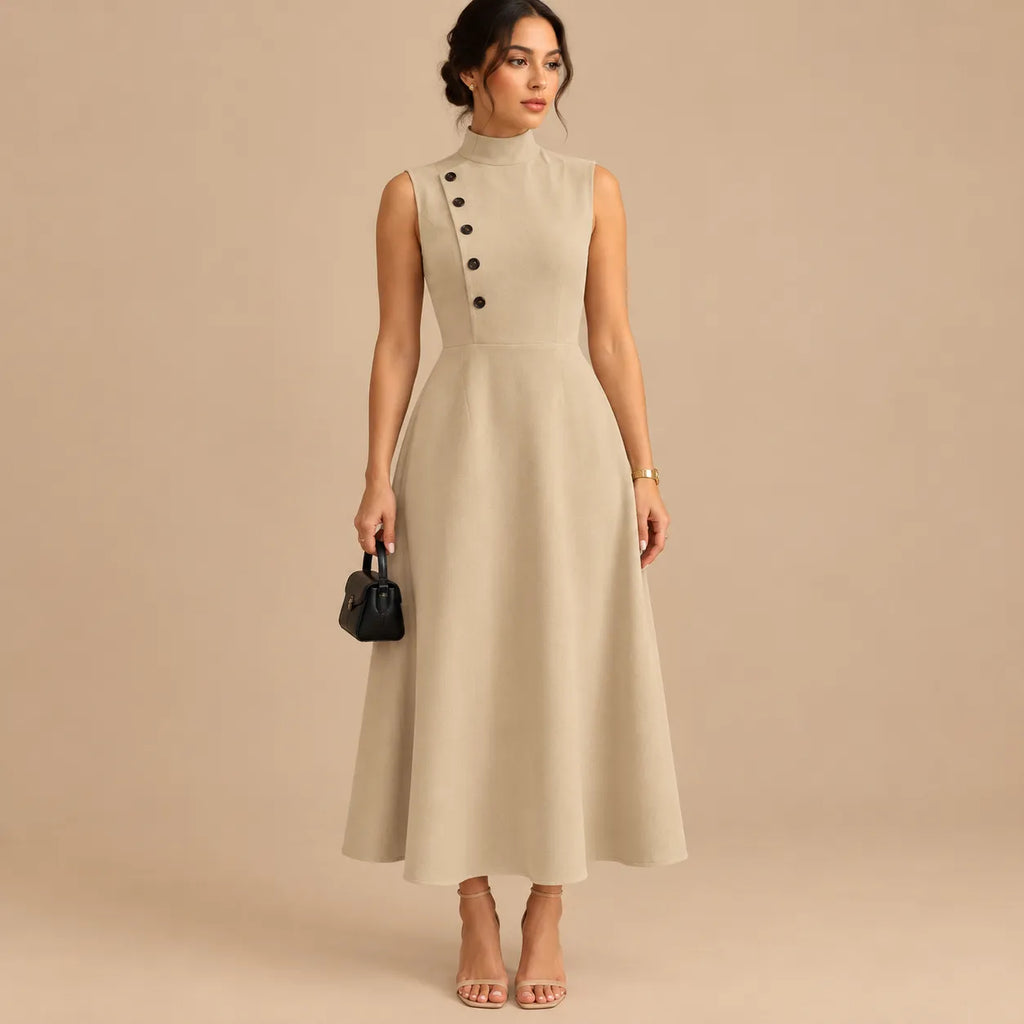 Vestido Midi Gola Alta Evasê Feminino Alfaiataria Botões P ao 3XL