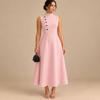 Vestido Midi Gola Alta Evasê Feminino Alfaiataria Botões P ao 3XL