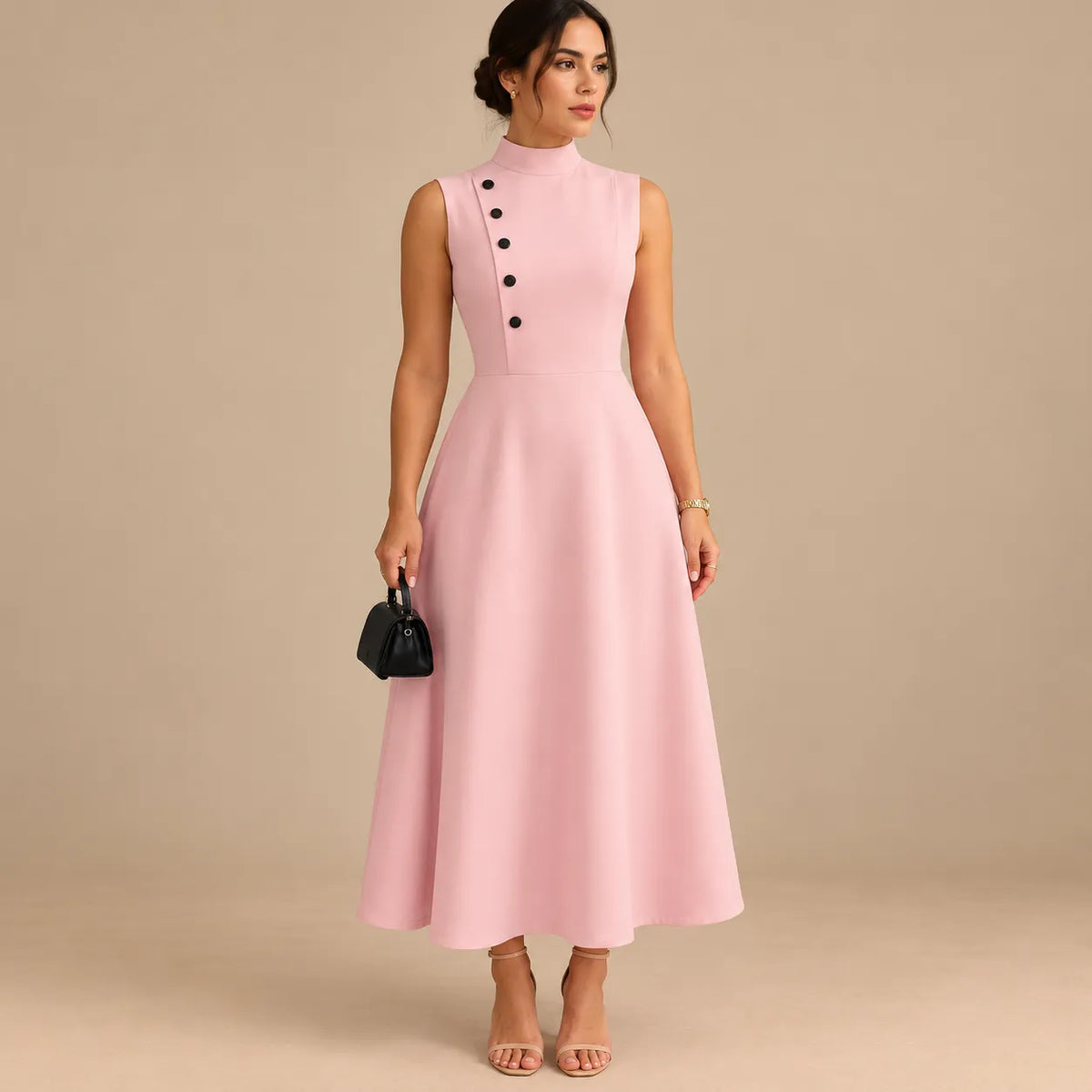 Vestido Midi Gola Alta Evasê Feminino Alfaiataria Botões P ao 3XL