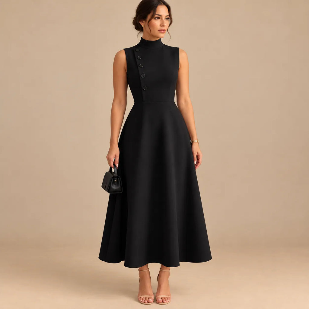 Vestido Midi Gola Alta Evasê Feminino Alfaiataria Botões P ao 3XL