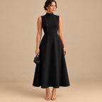 Vestido Midi Gola Alta Evasê Feminino Alfaiataria Botões P ao 3XL