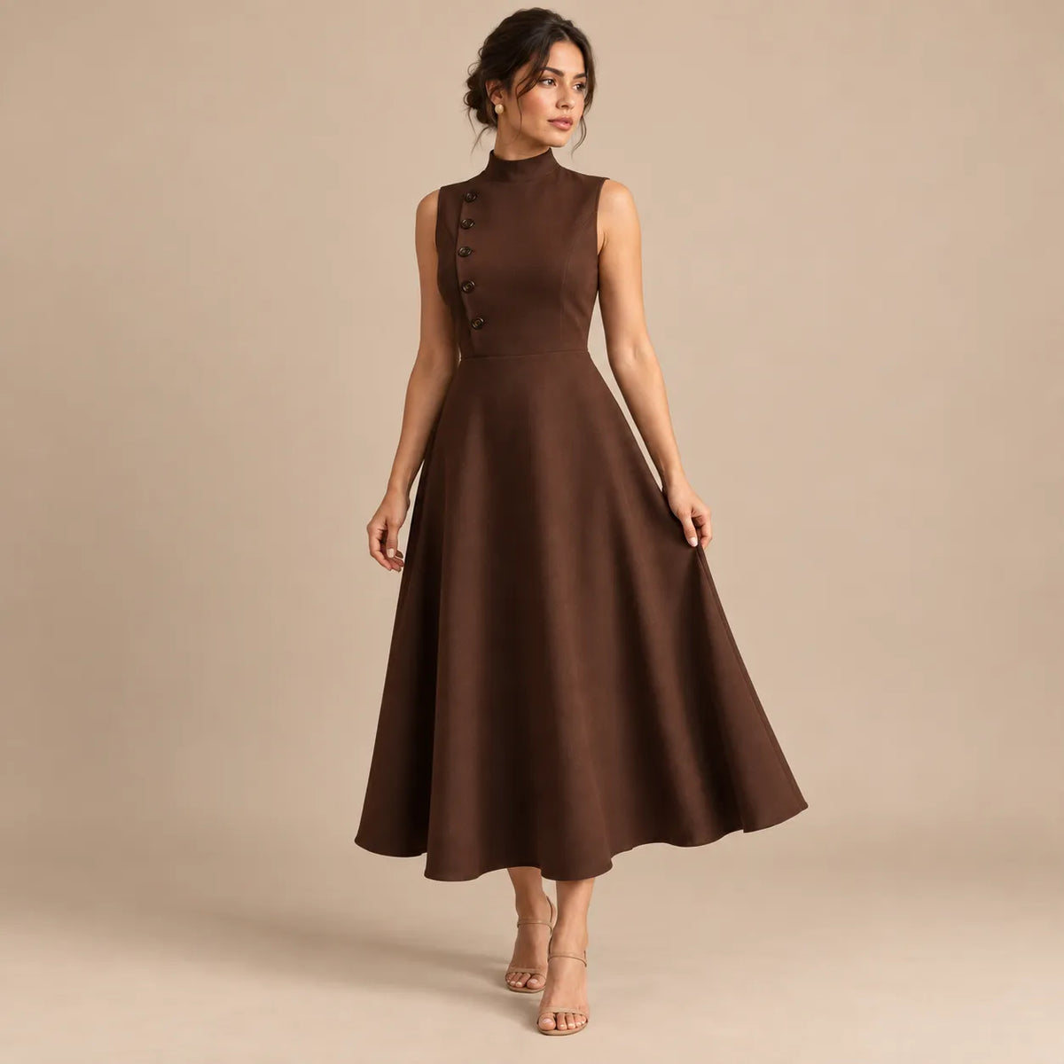 Vestido Midi Gola Alta Evasê Feminino Alfaiataria Botões P ao 3XL