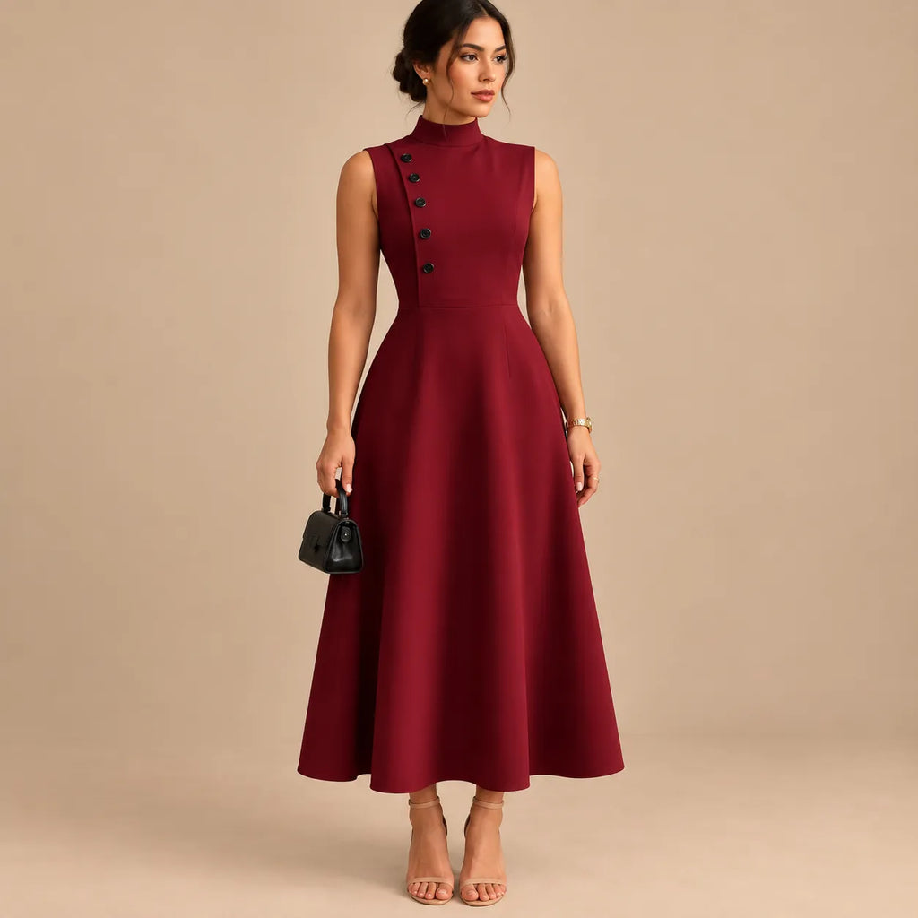 Vestido Midi Gola Alta Evasê Feminino Alfaiataria Botões P ao 3XL