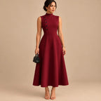 Vestido Midi Gola Alta Evasê Feminino Alfaiataria Botões P ao 3XL