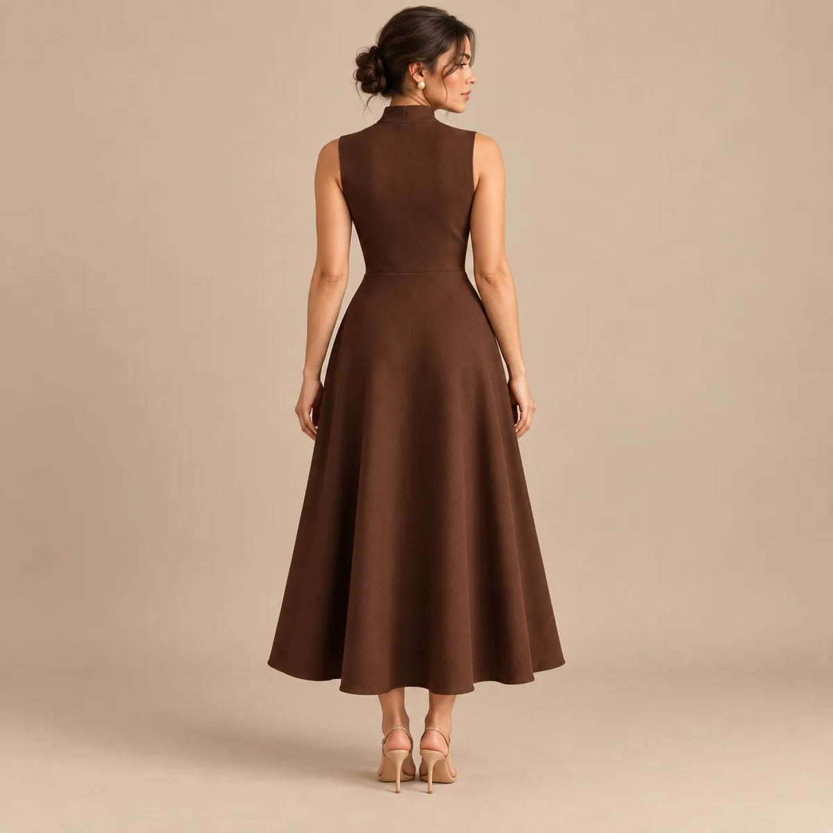 Vestido Midi Gola Alta Evasê Feminino Alfaiataria Botões P ao 3XL