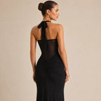 Vestido Preto de Festa Longo com Recorte em Tule