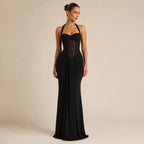 Vestido Preto de Festa Longo com Recorte em Tule