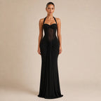 Vestido Preto de Festa Longo com Recorte em Tule