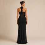 Vestido Preto de Festa Longo com Recorte em Tule