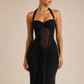 Vestido Preto de Festa Longo com Recorte em Tule