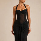 Vestido Preto de Festa Longo com Recorte em Tule