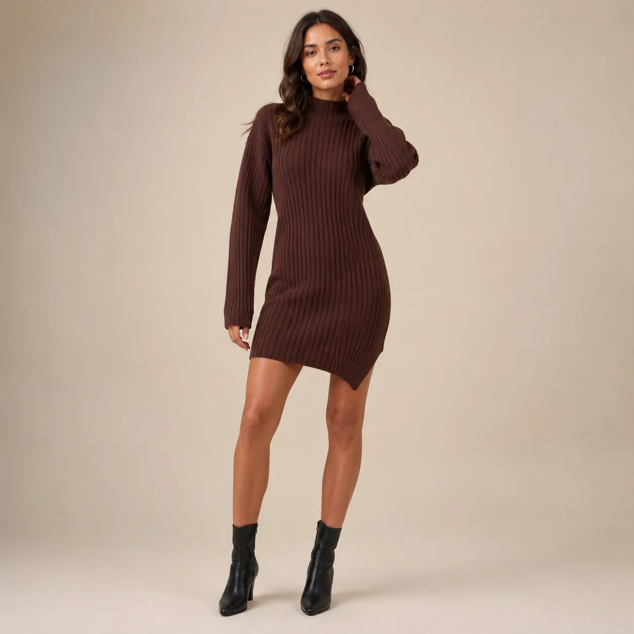 Vestido Feminino Curto Manga Longa Inverno Marrom