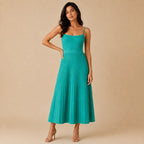 Vestido Feminino Midi Plissado Alça Fina Azul