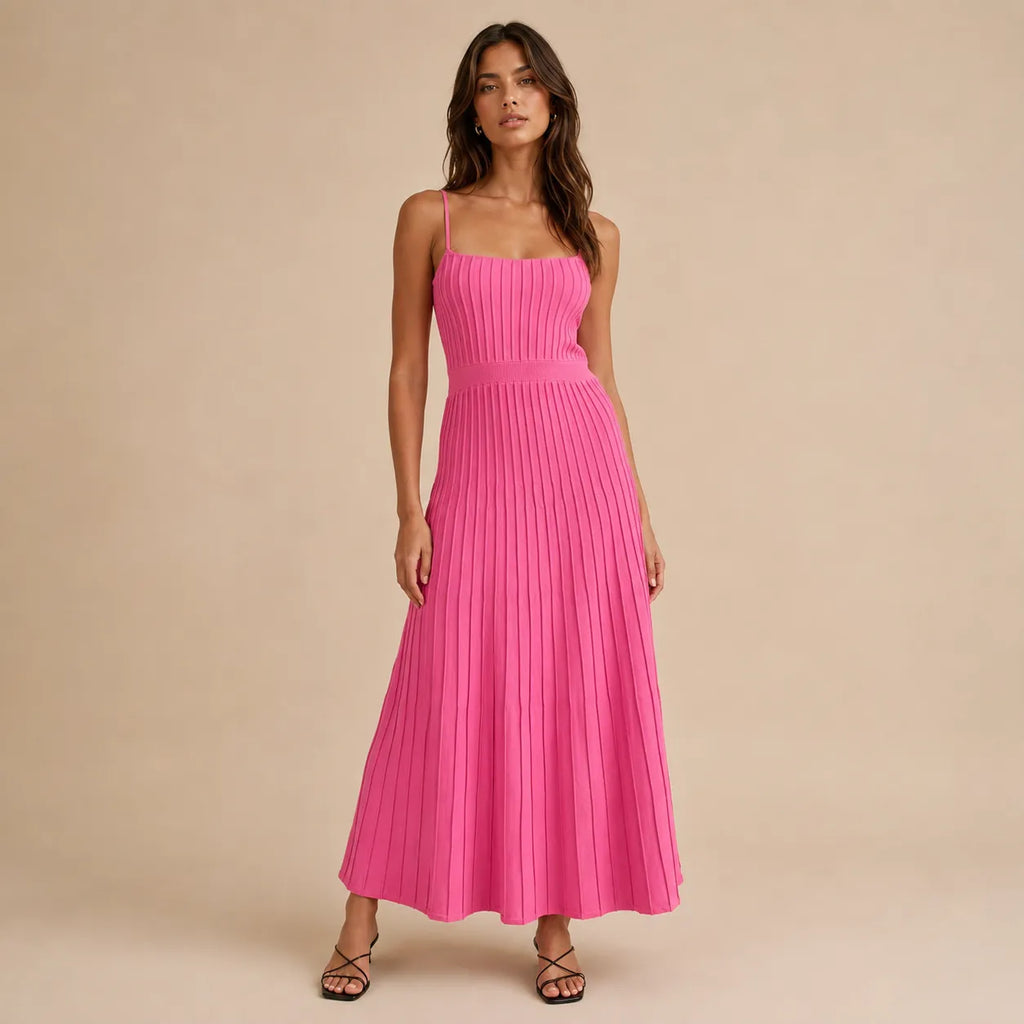 Vestido Feminino Midi Plissado Alça Fina Rosa
